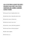 AQA GCSE FRENCH HIGHER TIER PAPER 2 SPEAKING EXAM SCRIPT 2026 TESTED QUESTIONS AND CORRECT ANSWERS ALREADY PASSED