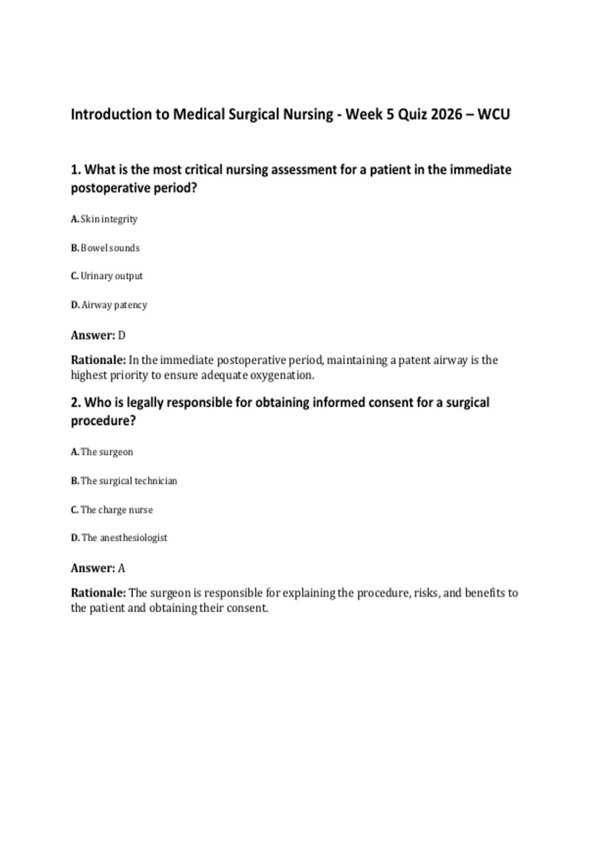 Introduction to Medical Surgical Nursing - Week 5 Quiz 2026 – WCU ...
