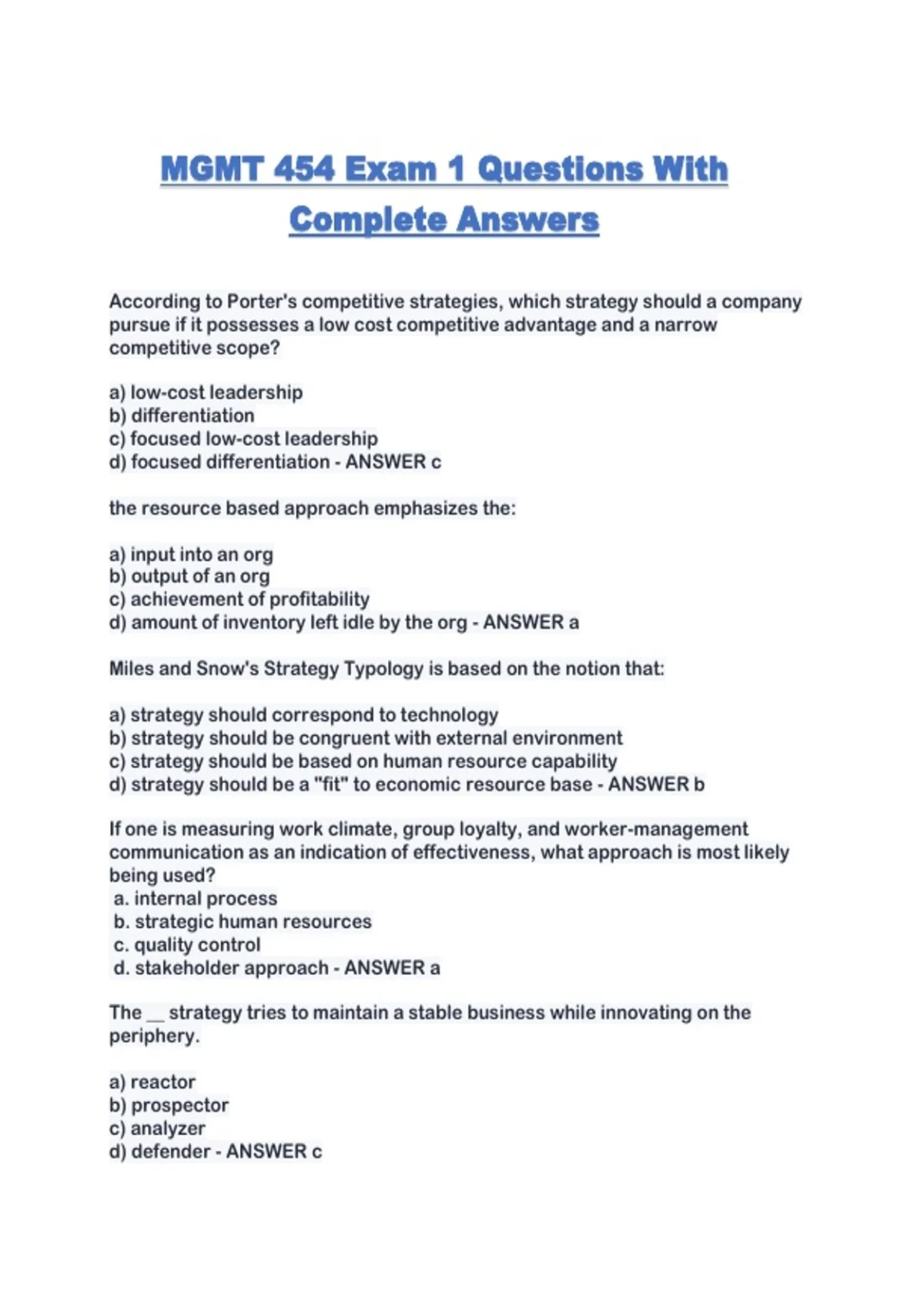MGMT 454 Exam 1 Questions With Complete Answers - MGMT 454 - Stuvia US