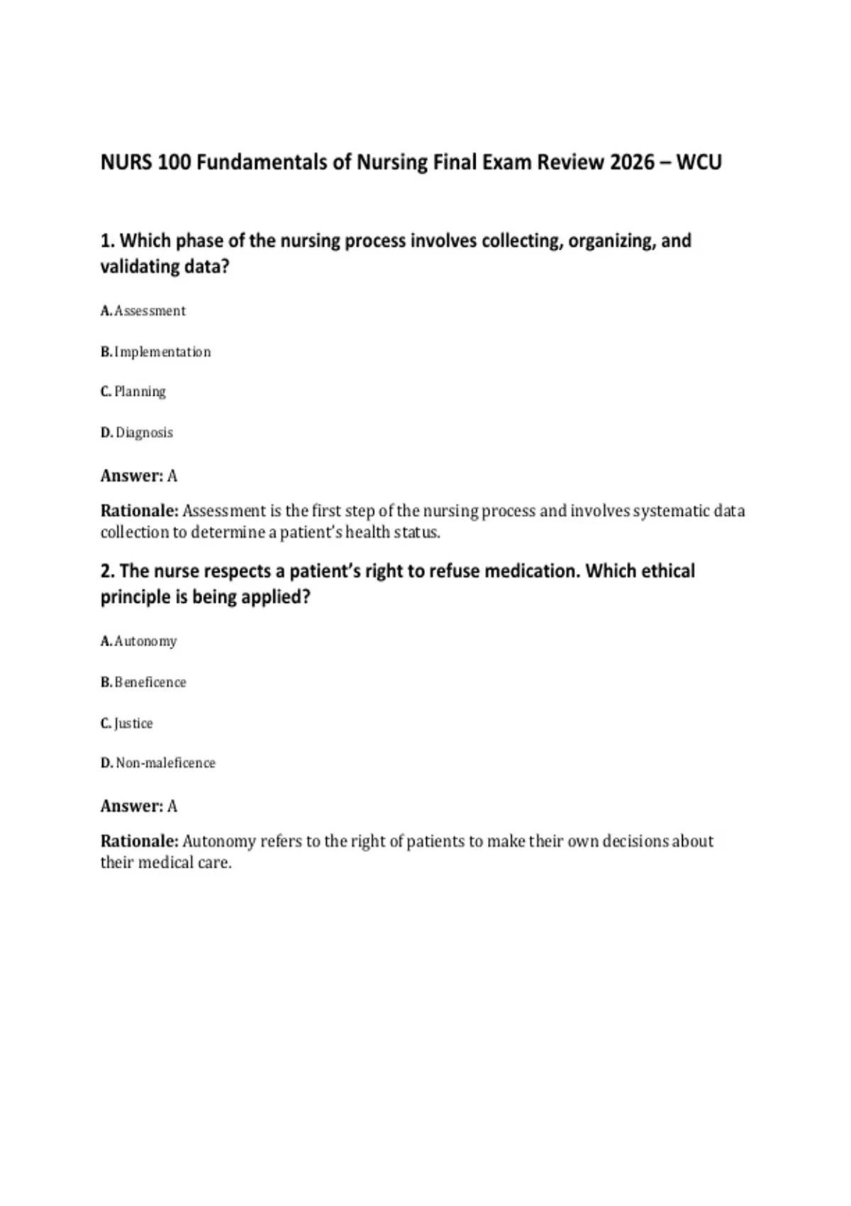 NURS 100 Fundamentals of Nursing Final Exam Review 2026 – WCU - NURS ...