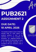PUB2621 ASSIGNMENT 2 SEMESTER 1 2026 &ast;ANSWERS&ast; DUE DATE 10 APRIL 2026 &lpar;BEST ANSWERS FOR THIS ASSIGNMENT&rpar;