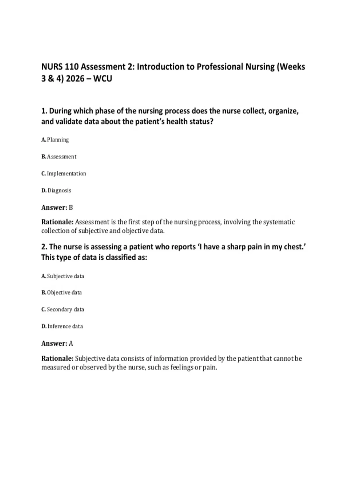 NURS 110 Assessment 2: Introduction to Professional Nursing (Weeks 3 ...