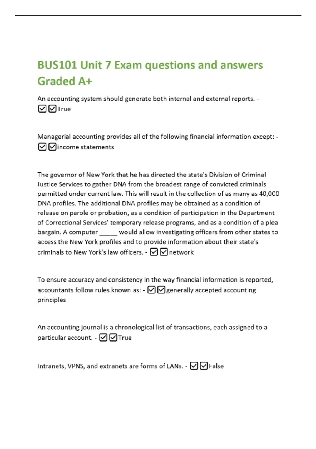 BUS101 Unit 7 Exam questions and answers Graded A+ - BUS 101 - Stuvia US