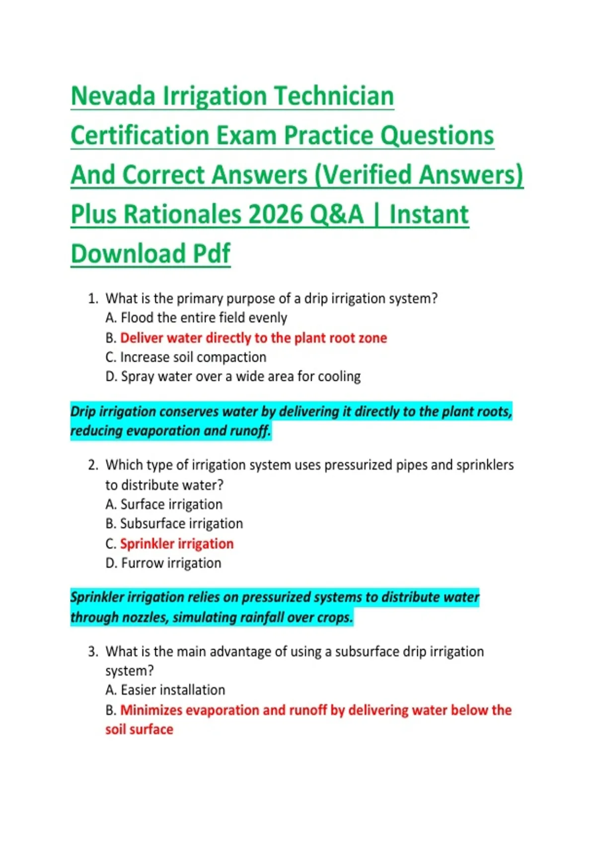 Nevada Irrigation Technician Certification Exam Practice Questions And Correct Answers (Verified ...