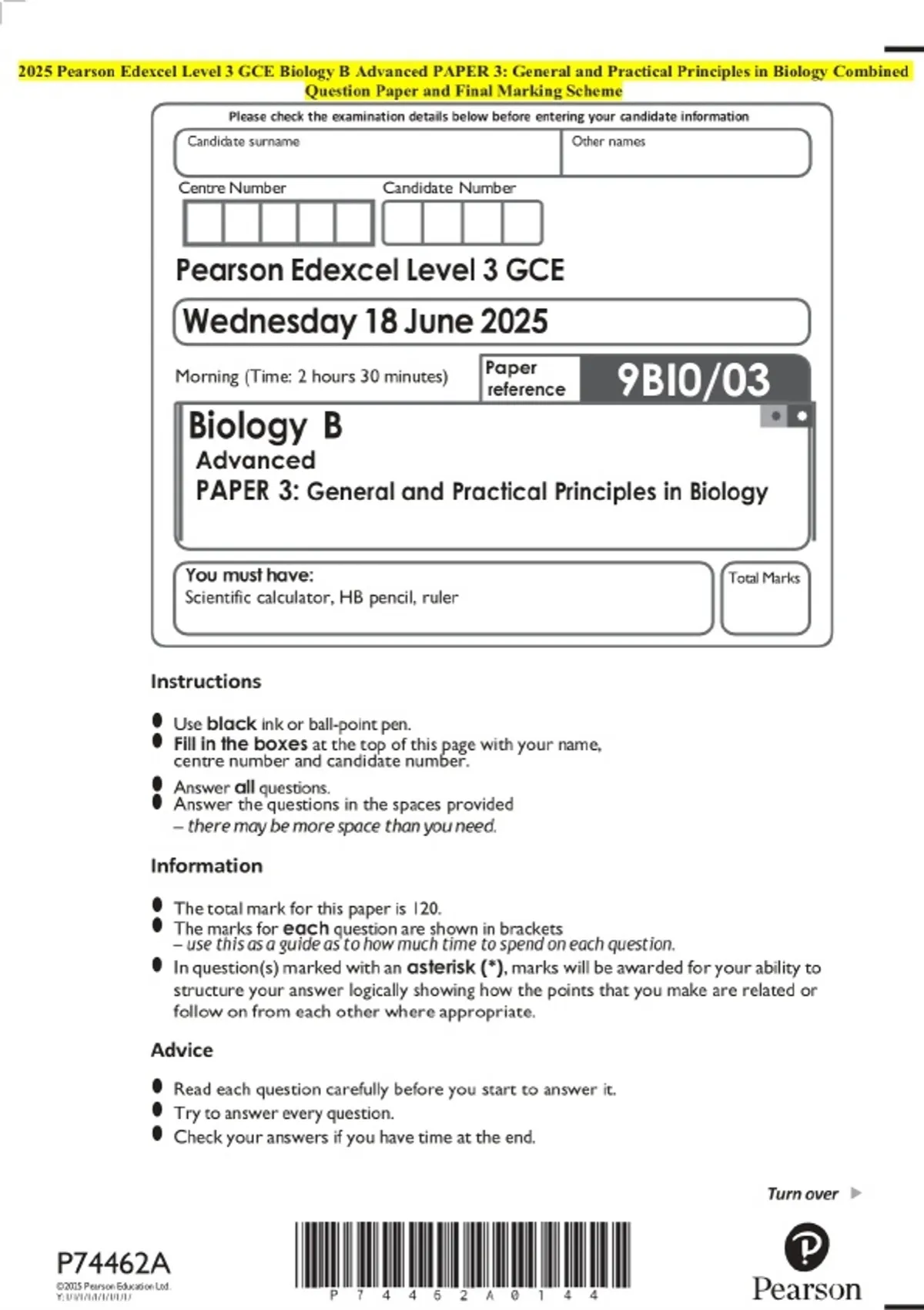 2025 Pearson Edexcel Level 3 GCE Biology B Advanced PAPER 3: General ...