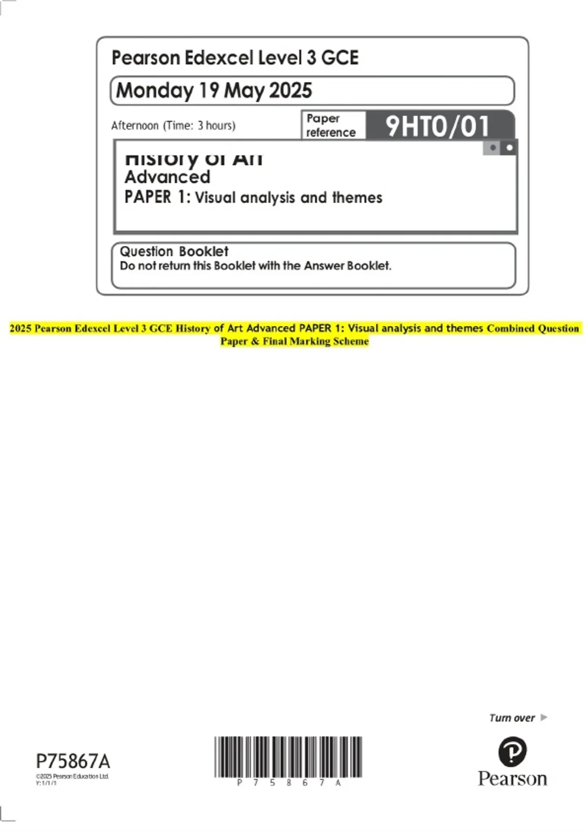 2025 Pearson Edexcel Level 3 GCE History of Art Advanced PAPER 1 ...