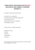 FOOD SAFETY MANAGER EXAM 2026-2027 QUESTIONS AND CORRECT ANSWERS GRADED A&plus;