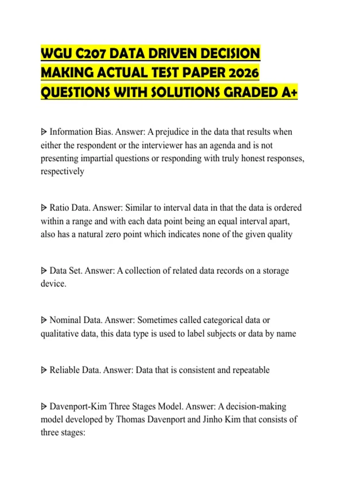 WGU C207 DATA DRIVEN DECISION MAKING ACTUAL TEST PAPER 2026 QUESTIONS ...