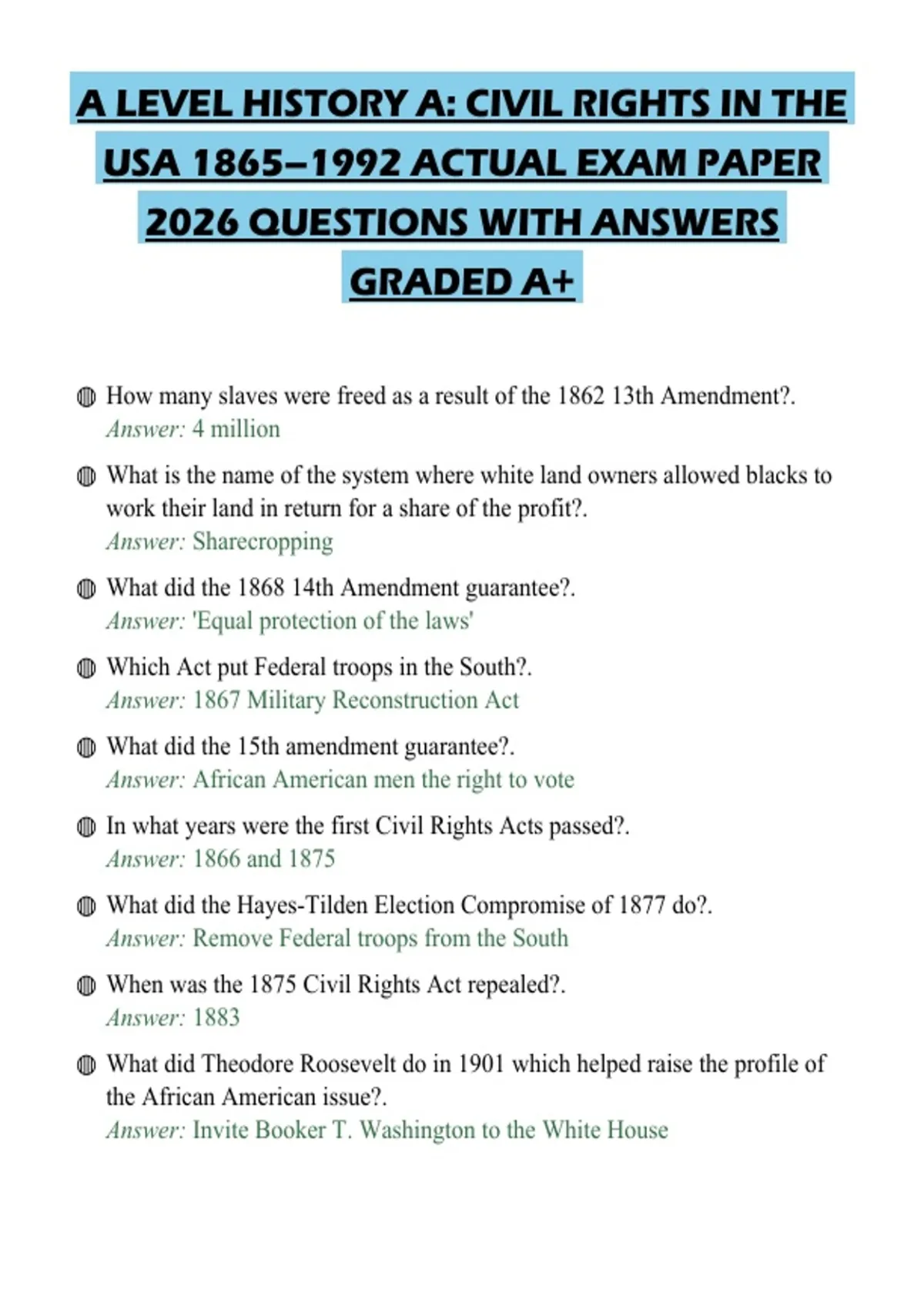 A LEVEL HISTORY A: CIVIL RIGHTS IN THE USA 1865–1992 ACTUAL EXAM PAPER ...