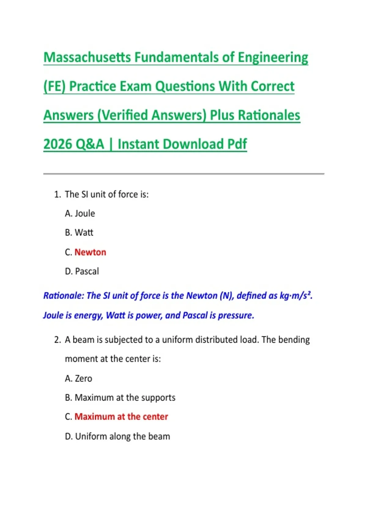 Massachusetts Fundamentals of Engineering (FE) Practice Exam Questions With Correct Answers ...