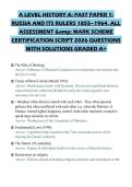 A LEVEL HISTORY A&colon; PAST PAPER 1&colon; RUSSIA AND ITS RULERS 1855&ndash;1964&period; ALL ASSESSMENT & MARK SCHEME CERTIFICATION SCRIPT 2026 QUESTIONS WITH SOLUTIONS GRADED A&plus;