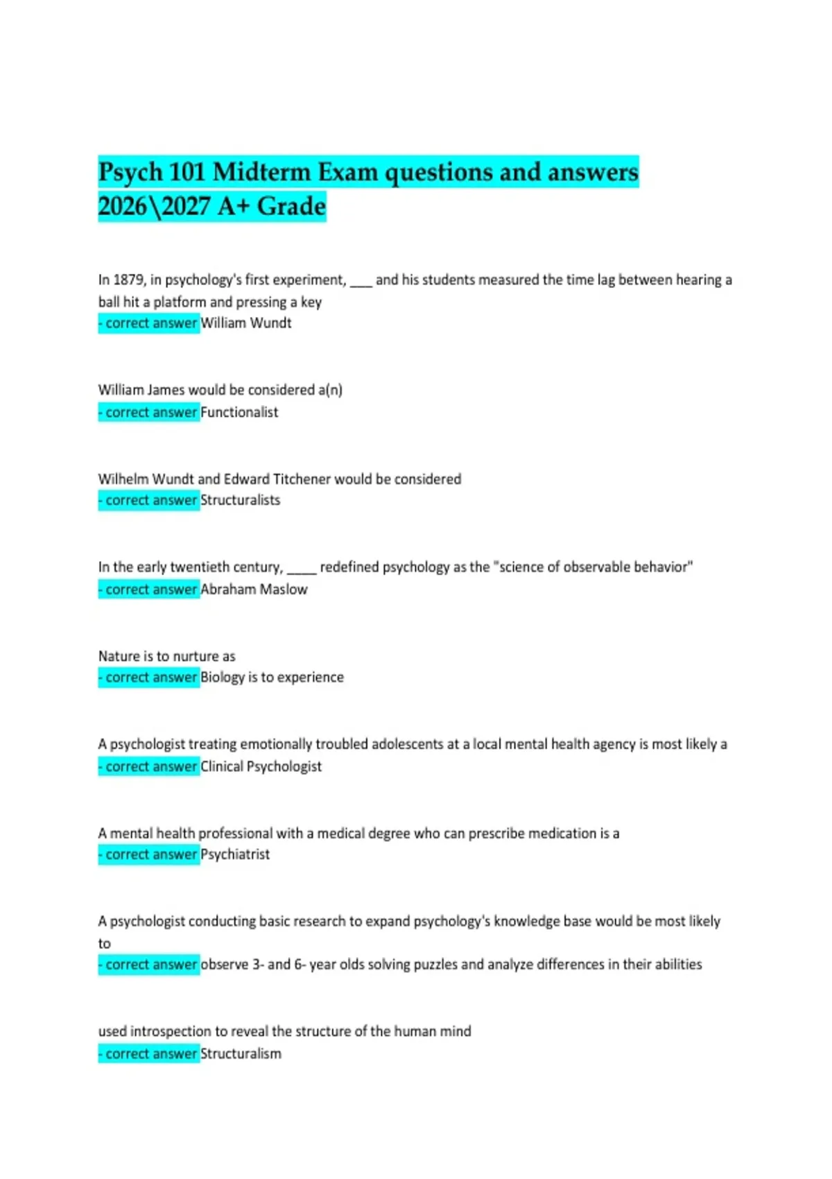 Psych 101 Midterm Exam Questions and Answers 2026/2027 A+ Grade ...