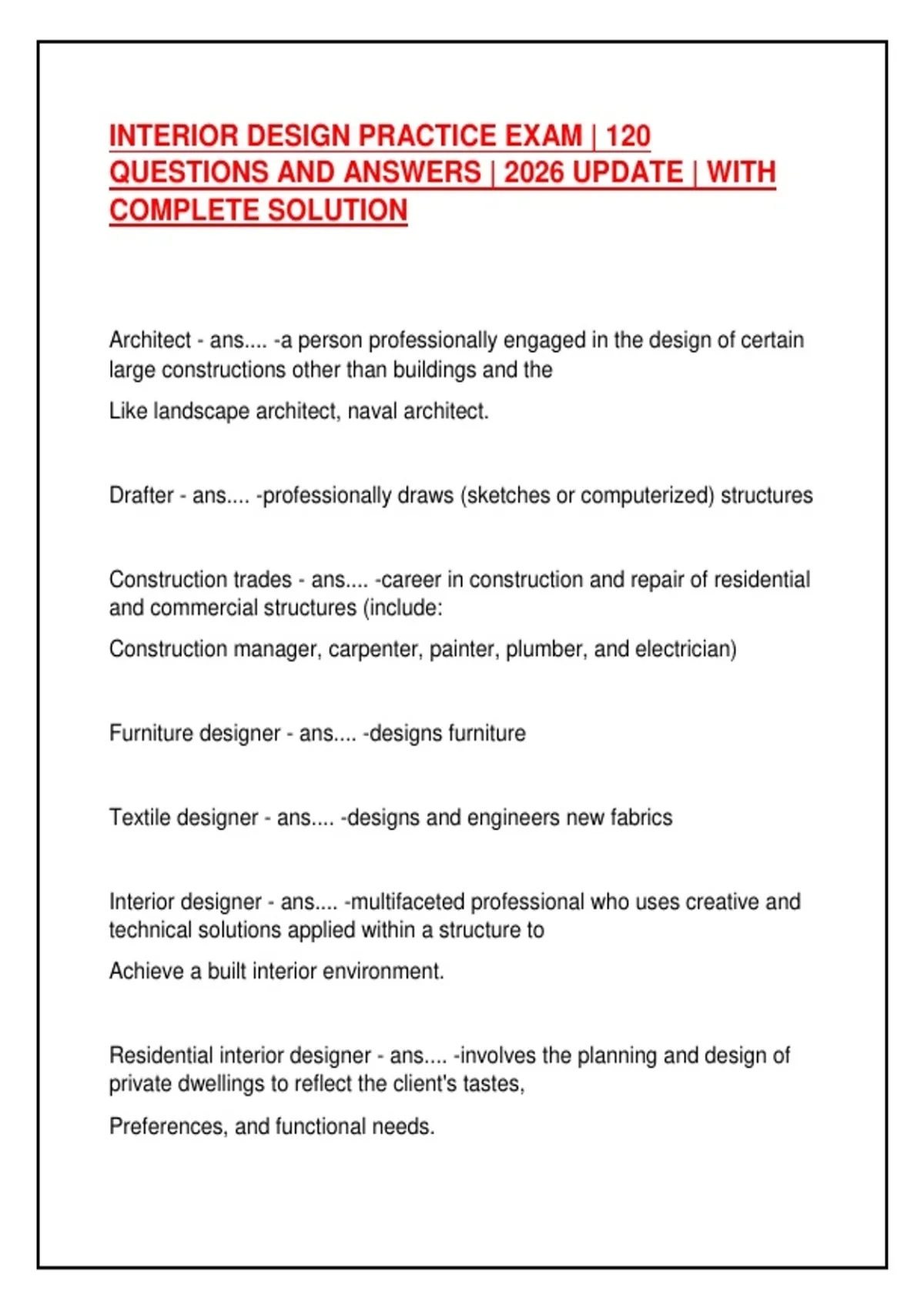 INTERIOR DESIGN PRACTICE EXAM | 120 QUESTIONS AND ANSWERS | 2026 UPDATE ...