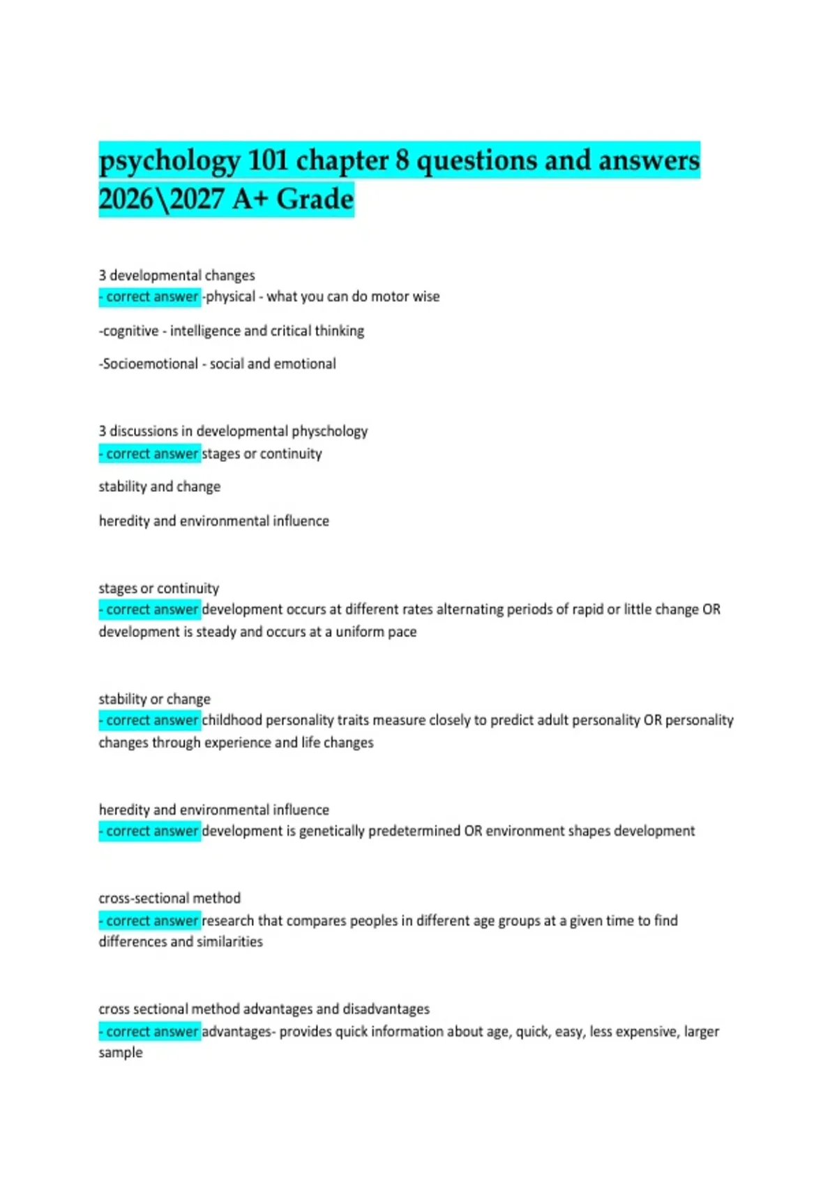 Psychology 101 Chapter 8 Questions and Answers 2026/2027 A+ Grade ...