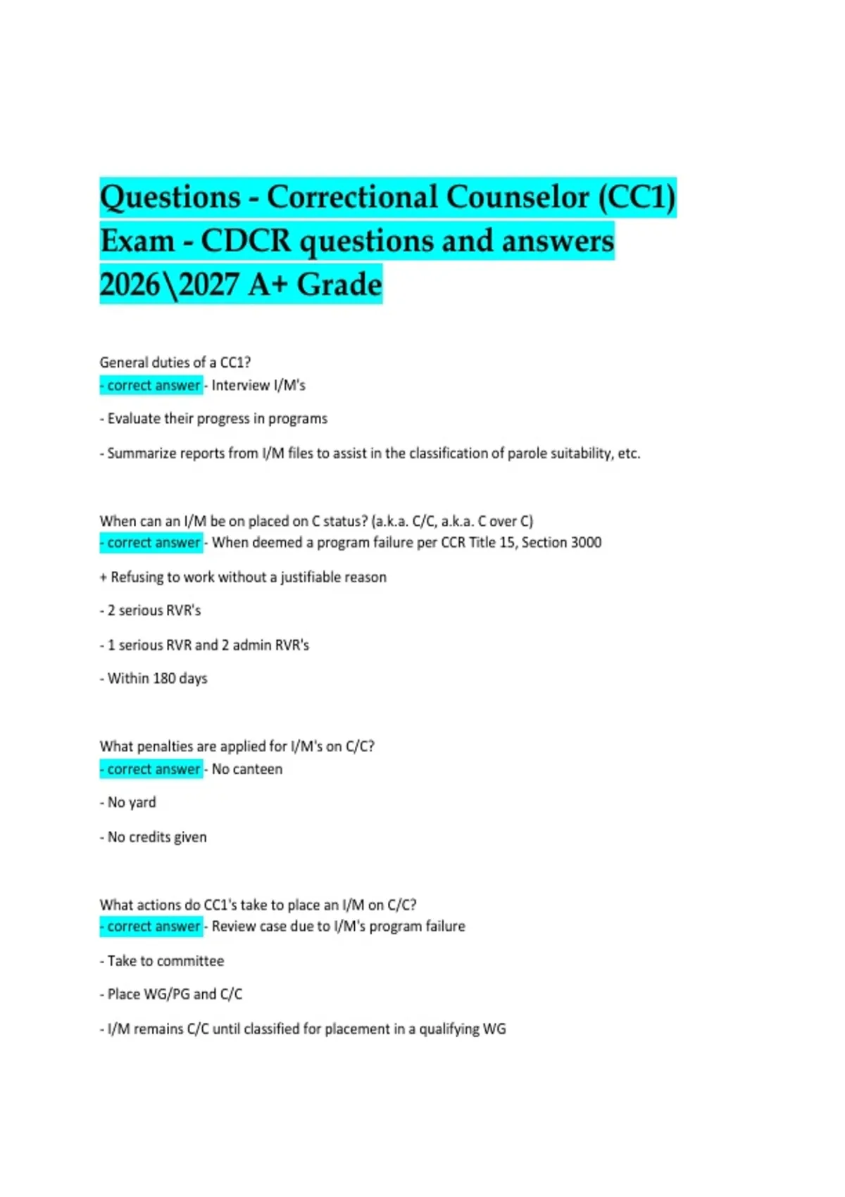 Correctional Counselor (CC1) Exam – CDCR Questions and Answers 2026/ ...