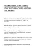 CHAMPIONS REAL ESTATE TRAINING STUDY SHEET 2026 UPDATED QUESTIONS AND ANSWERS