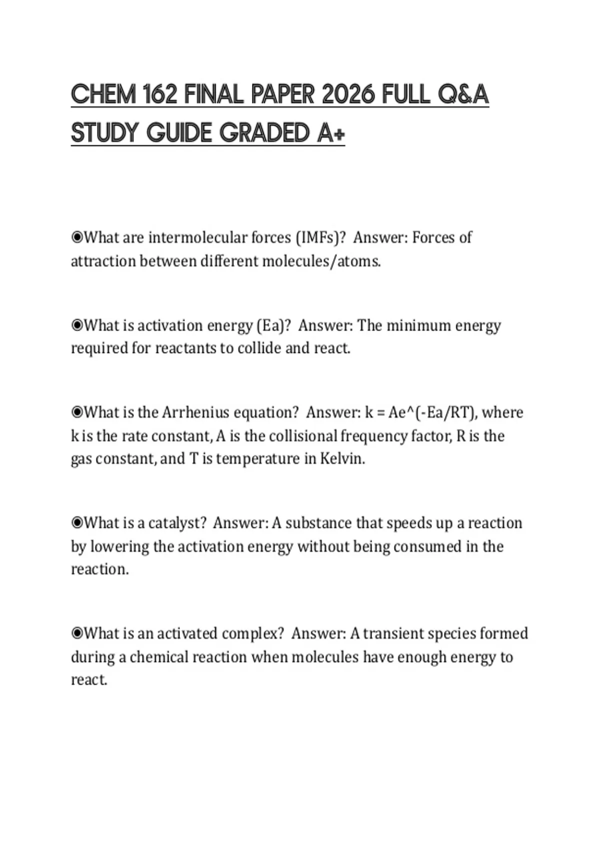 CHEM 162 FINAL PAPER 2026 FULL Q&A STUDY GUIDE GRADED A+ - CHEM 162 ...