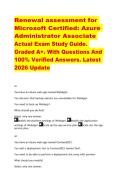 Renewal assessment for  Microsoft Certified&colon; Azure  Administrator Associate  Actual Exam Study Guide&period;  Graded A&plus;&period; With Questions And  100&percnt; Verified Answers&period; Latest  2026 Update 