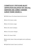 COSMETOLOGY STATE BOARD MILADY CERTIFICATION EVALUATION TEST 2026 FULL QUESTIONS AND CORRECT ANSWERS ALREADY PASSED GRADED A&plus;