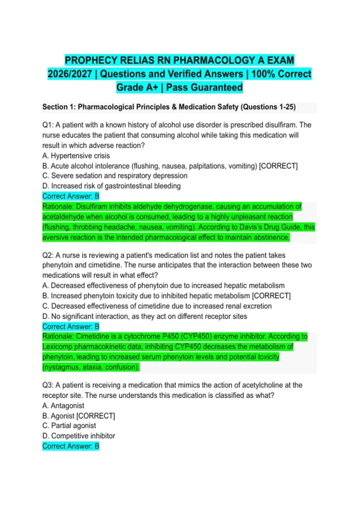 PROPHECY RELIAS RN PHARMACOLOGY A EXAM 2026/2027 | Questions and ...