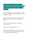 CRITICAL PERSPECTIVES IN GLOBAL HEALTH ACTUAL EXAM TEST BANK 2026 COMPLETE QUESTIONS AND VERIFIED ANSWERS