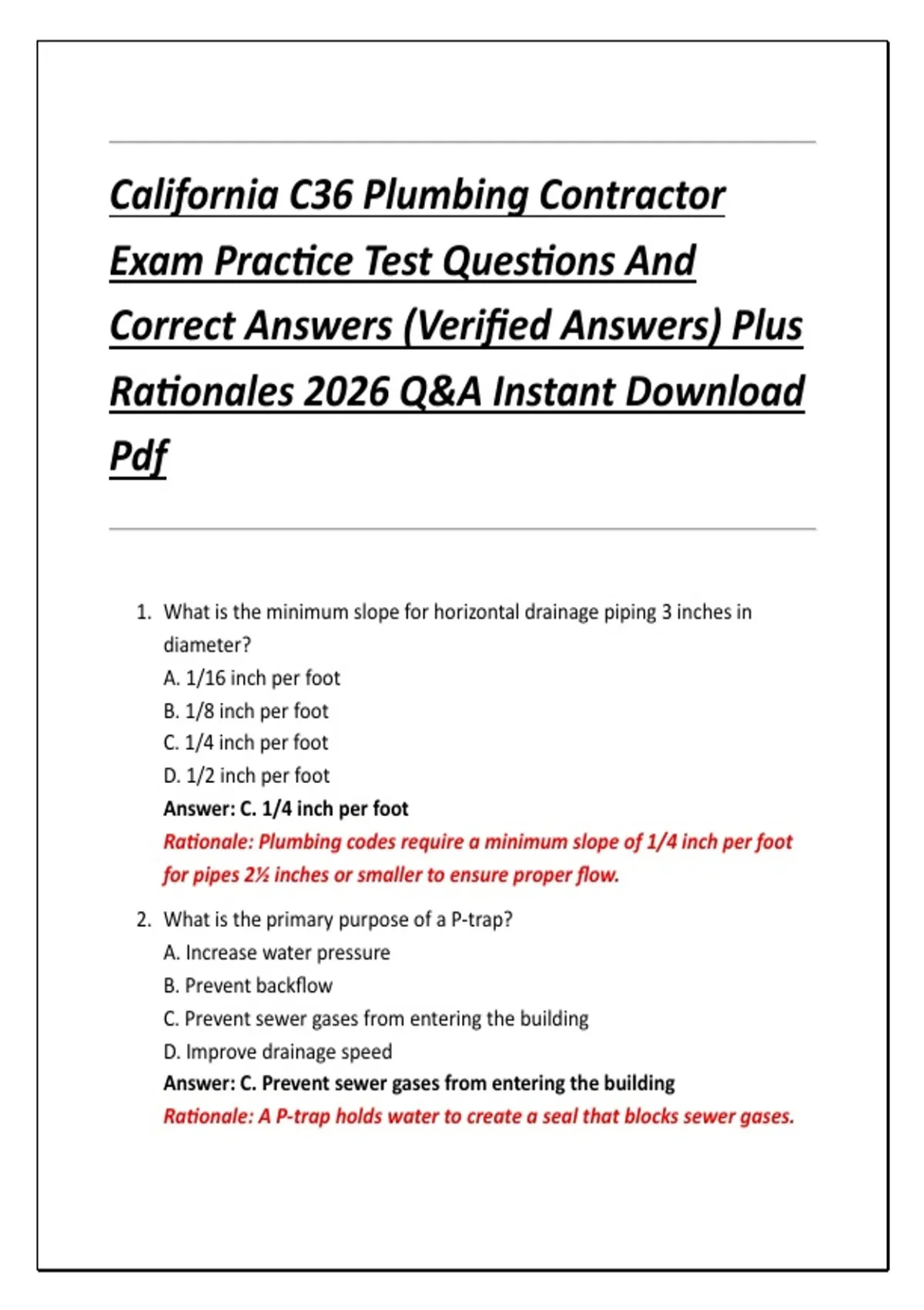 California C36 Plumbing Contractor Exam Practice Test Questions And Correct Answers (Verified ...