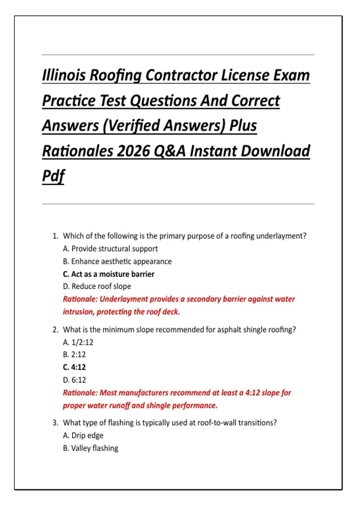 Illinois Roofing Contractor License Exam Practice Test Questions And Correct Answers (Verified ...