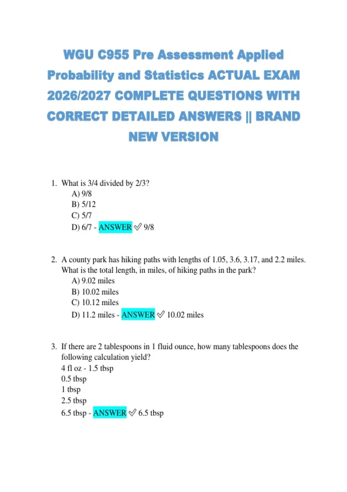 WGU C955 Pre Assessment Applied Probability and Statistics ACTUAL EXAM ...
