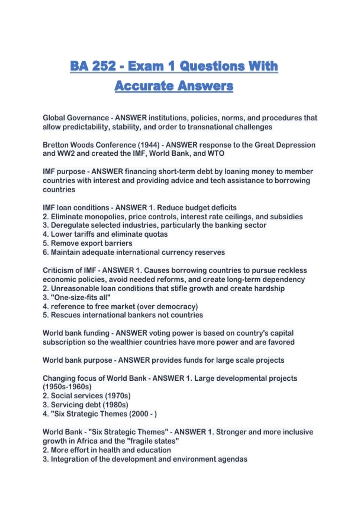 Ba 252 BA 252 - Exam 1 Questions With Accurate Answers - BA 252 - Stuvia US