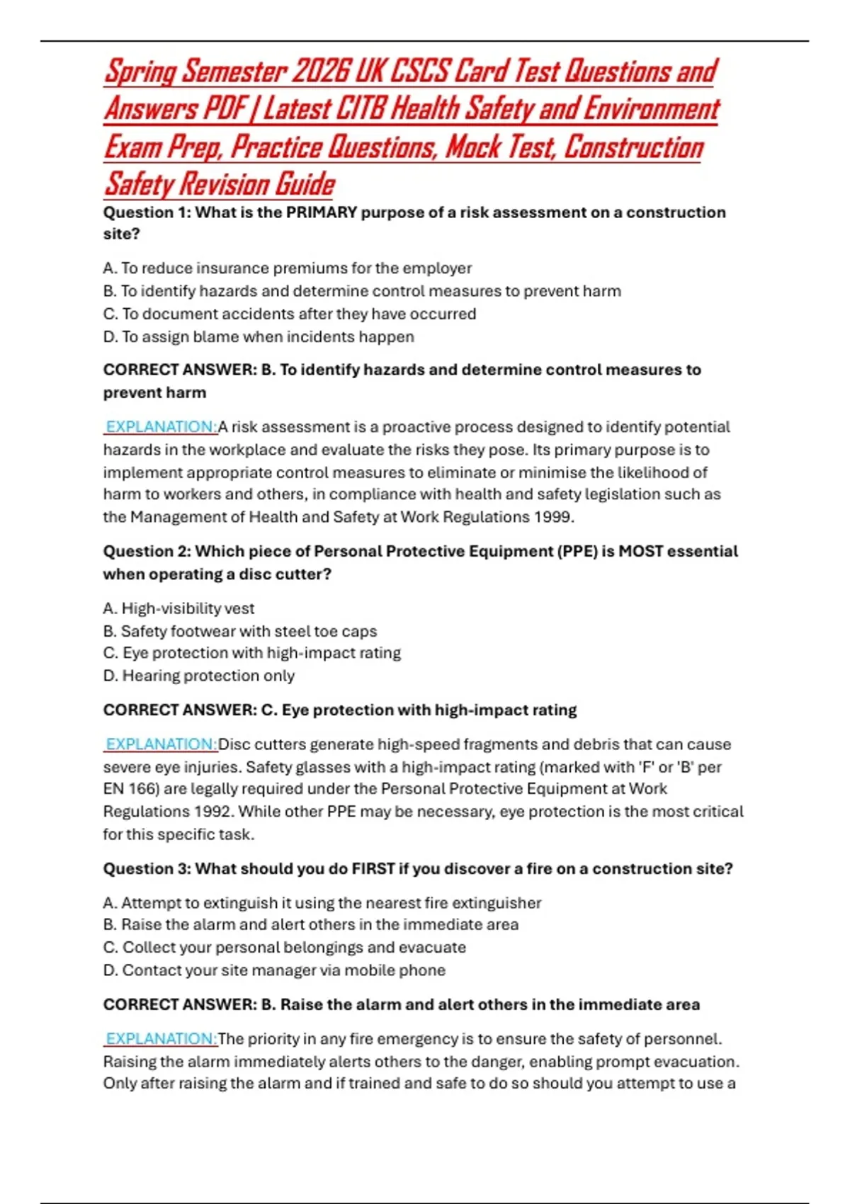 Citb Test Example Spring Semester 2026 UK CSCS Card Test Questions and Answers PDF ...