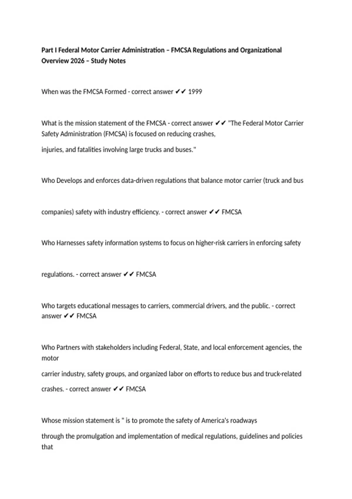 Part I Federal Motor Carrier Administration – FMCSA Regulations and ...