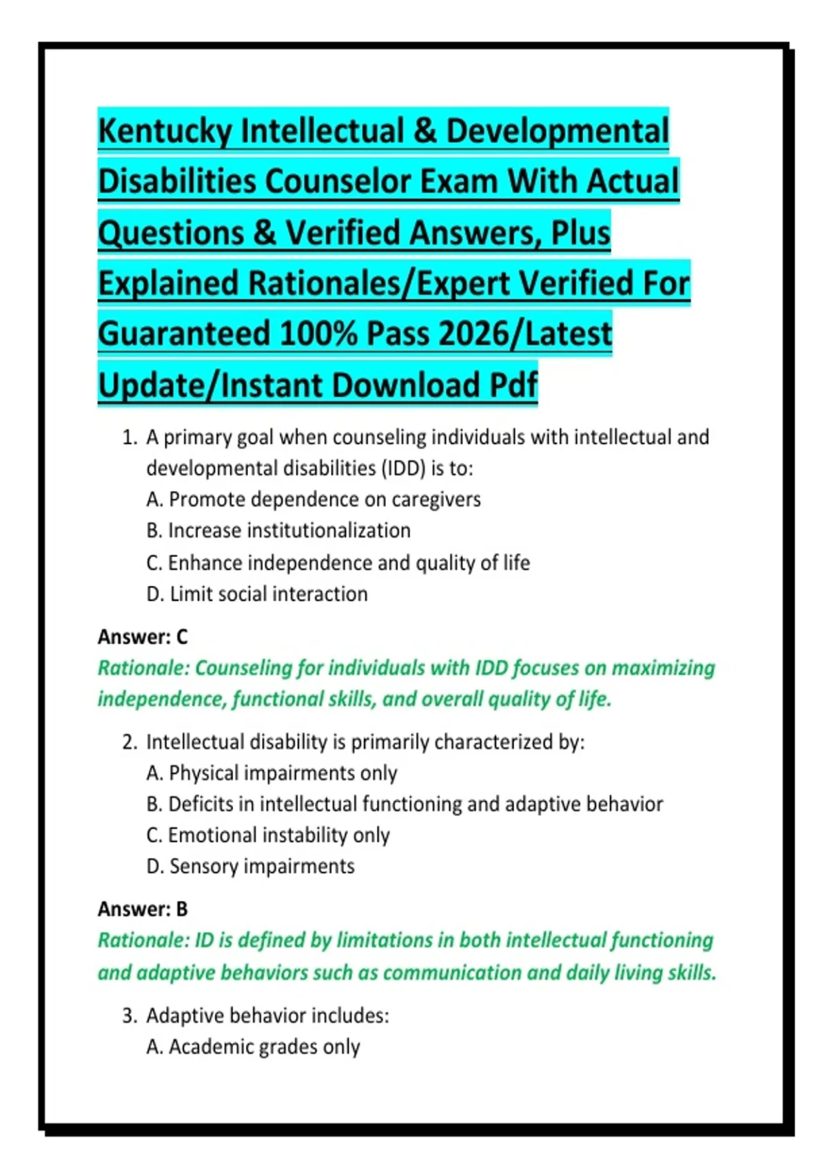 Disability Questionnaire Answers.pdf Kentucky Intellectual & Developmental Disabilities Counselor Exam With ...