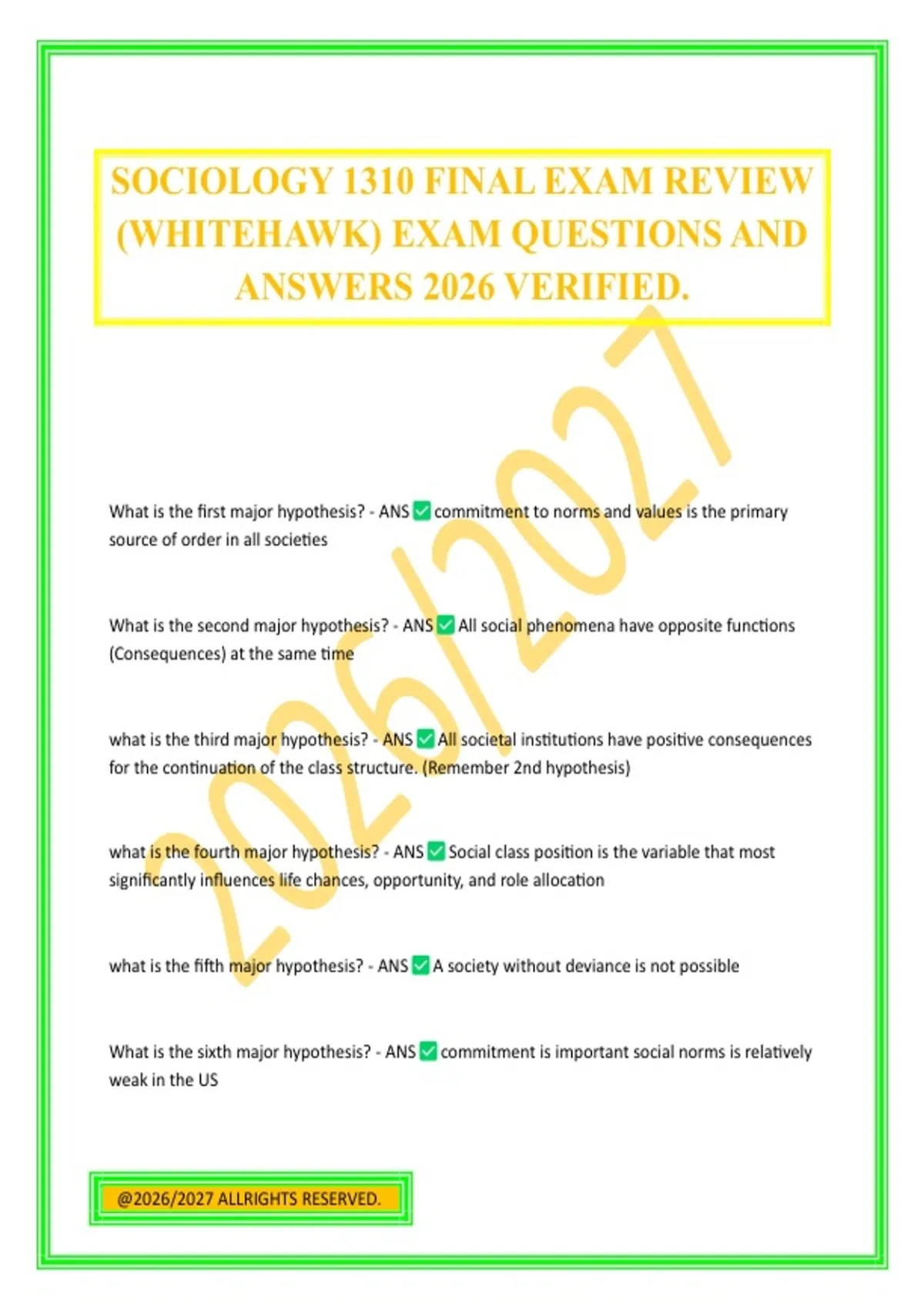 SOCIOLOGY 1310 FINAL EXAM REVIEW (WHITEHAWK) EXAM QUESTIONS AND ANSWERS ...