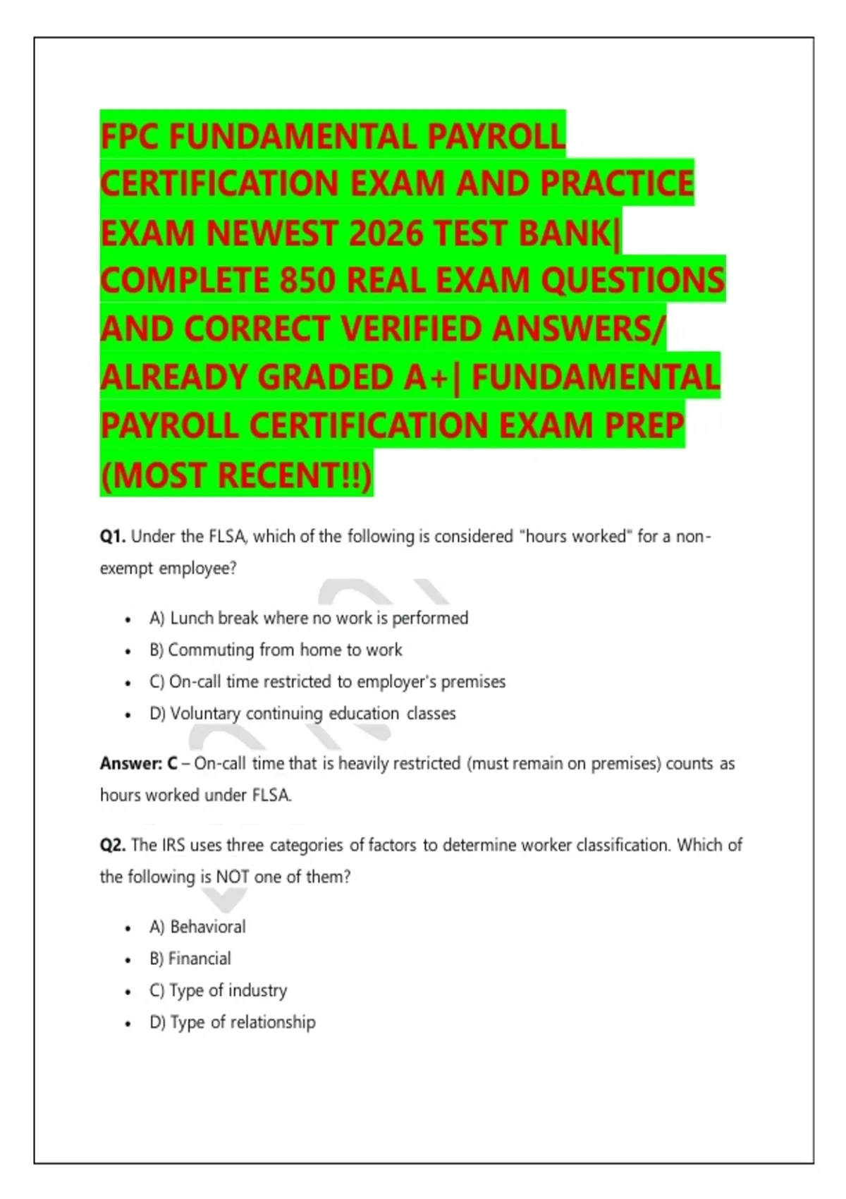 Fpc Question FPC FUNDAMENTAL PAYROLL CERTIFICATION EXAM AND PRACTICE EXAM NEWEST ...