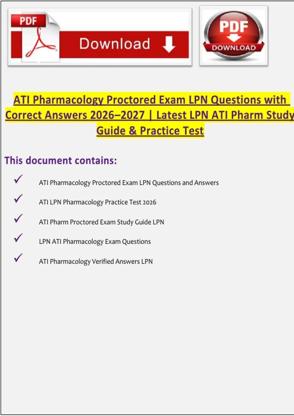 ATI Pharmacology Proctored Exam LPN Questions with Correct Answers ...