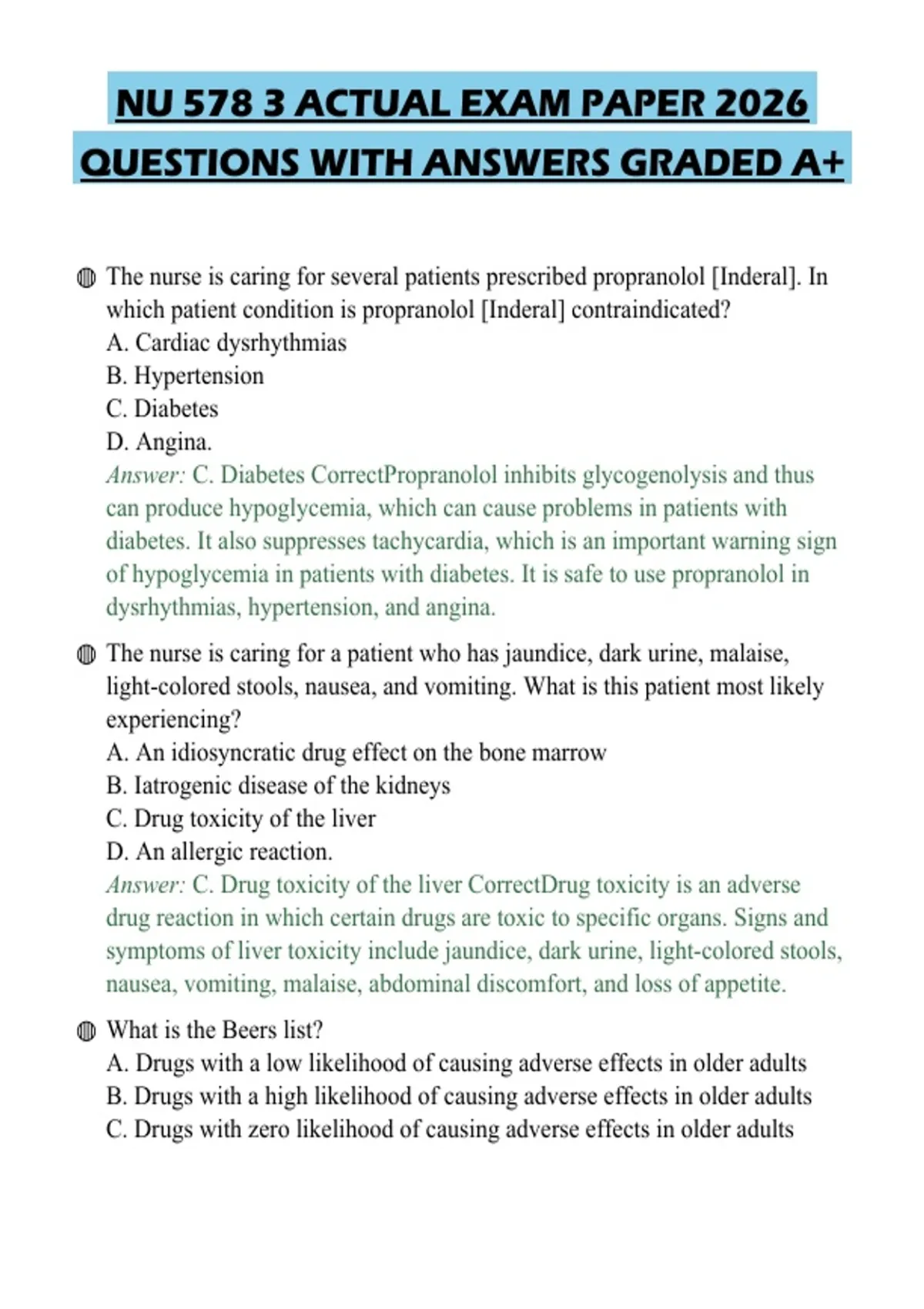 NU 578 3 ACTUAL EXAM PAPER 2026 QUESTIONS WITH ANSWERS GRADED A+NU 578 ...