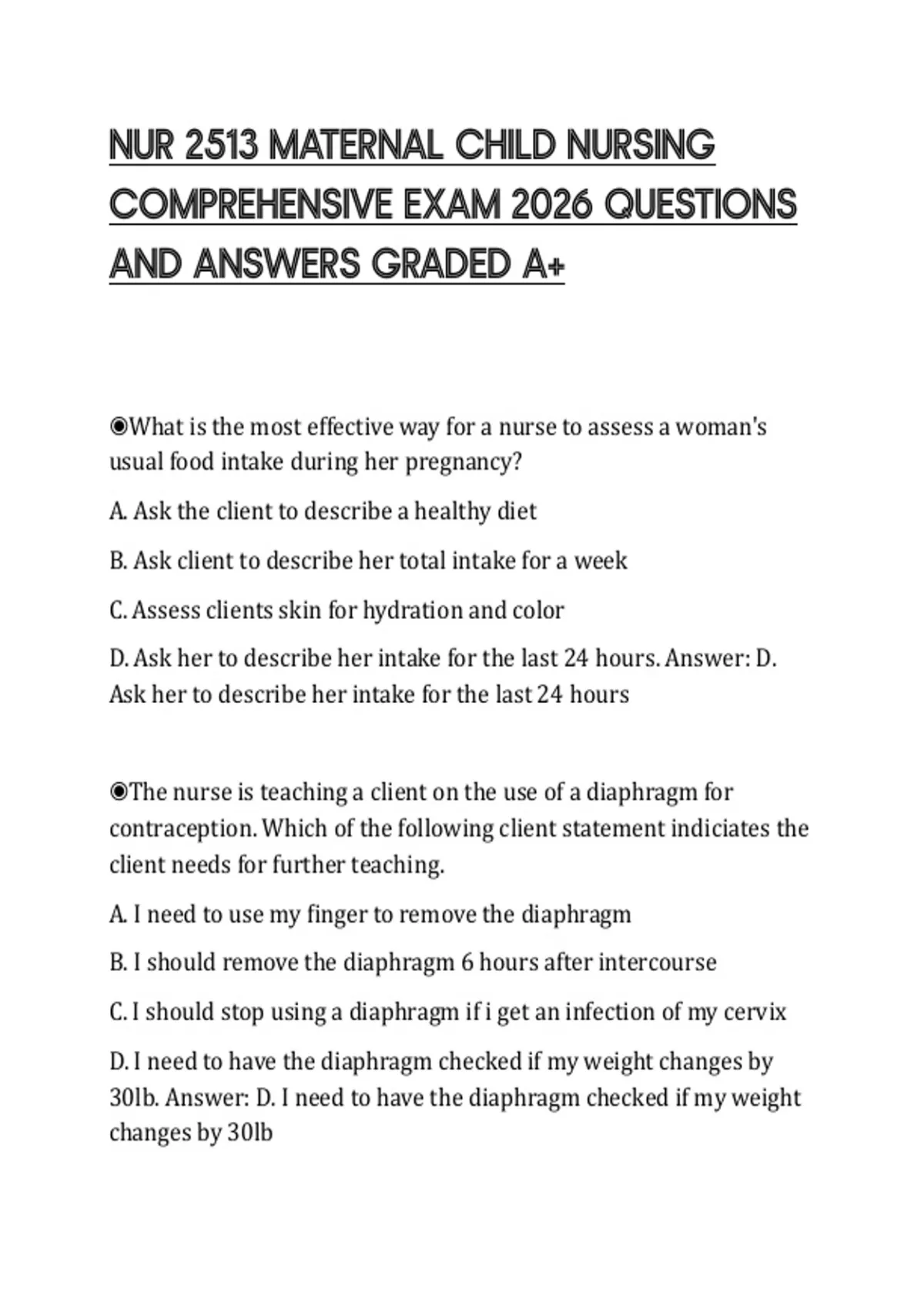 NUR 2513 MATERNAL CHILD NURSING COMPREHENSIVE EXAM 2026 QUESTIONS AND ...