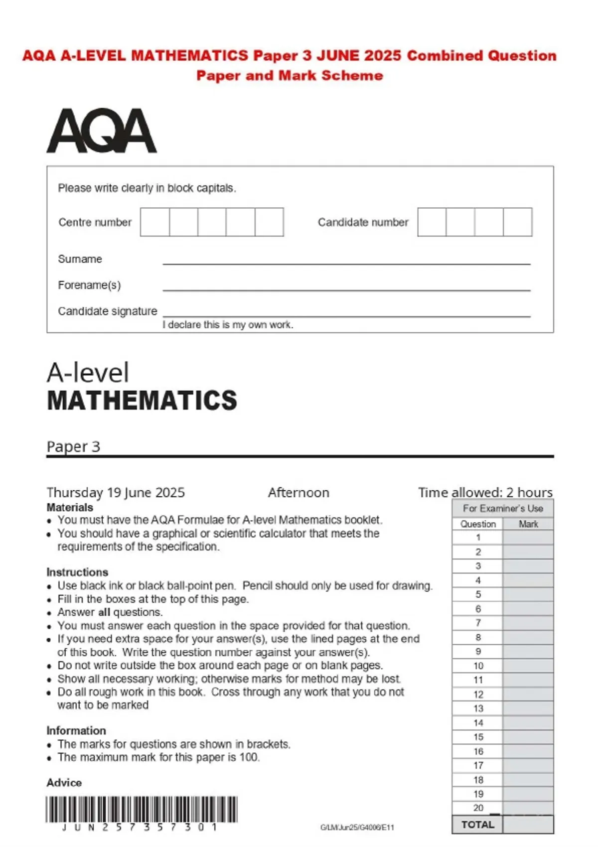 AQA A-LEVEL MATHEMATICS Paper 3 JUNE 2025 Combined Question Paper and ...
