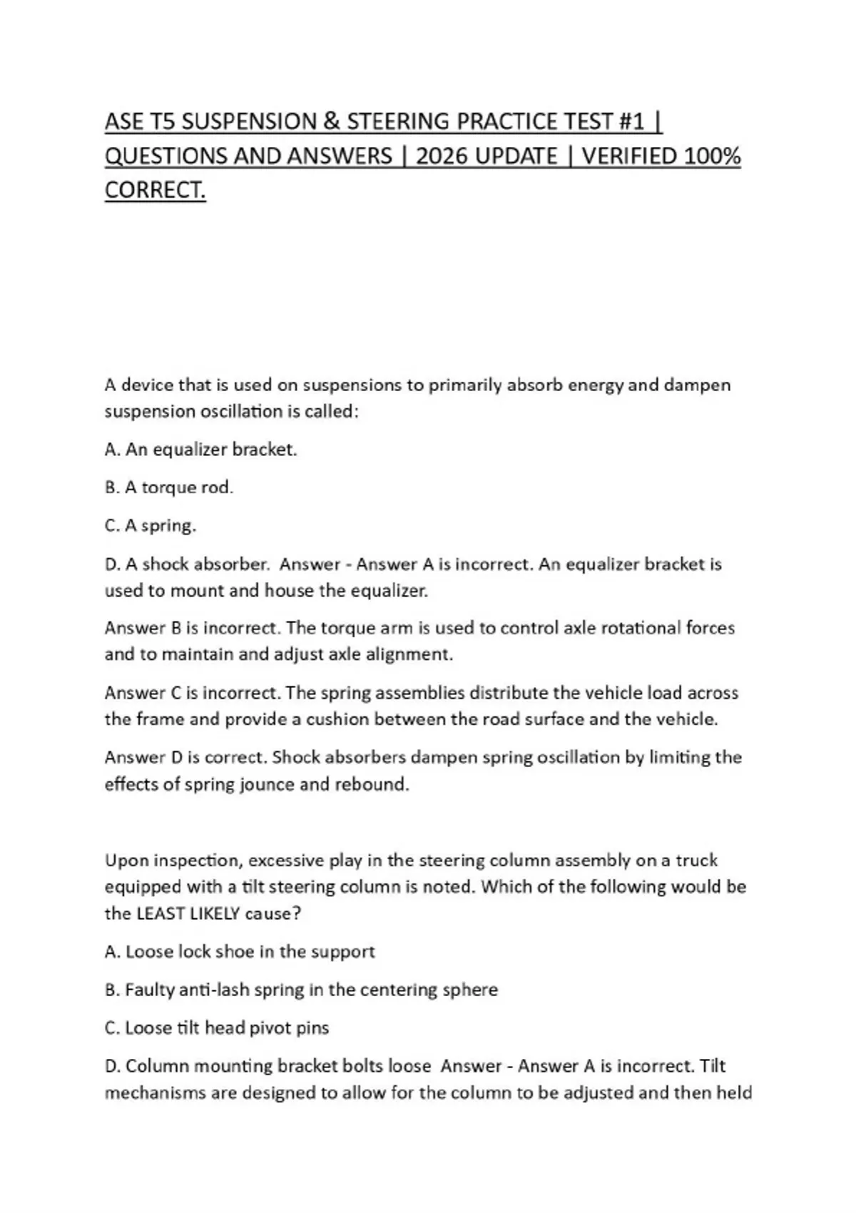 ASE T5 SUSPENSION &amp; STEERING PRACTICE TEST #1 | QUESTIONS AND ANSWERS ...