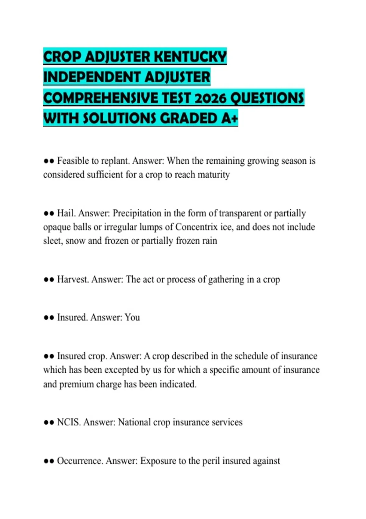 CROP ADJUSTER KENTUCKY INDEPENDENT ADJUSTER COMPREHENSIVE TEST 2026 QUESTIONS WITH SOLUTIONS ...