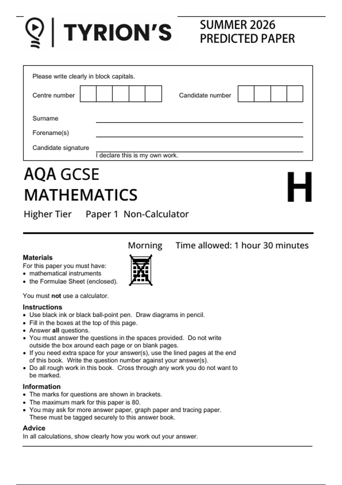 AQA GCSE PAPER 1 PREDICTED PAPER SUMMER JUNE 2026 - Maths - Stuvia UK