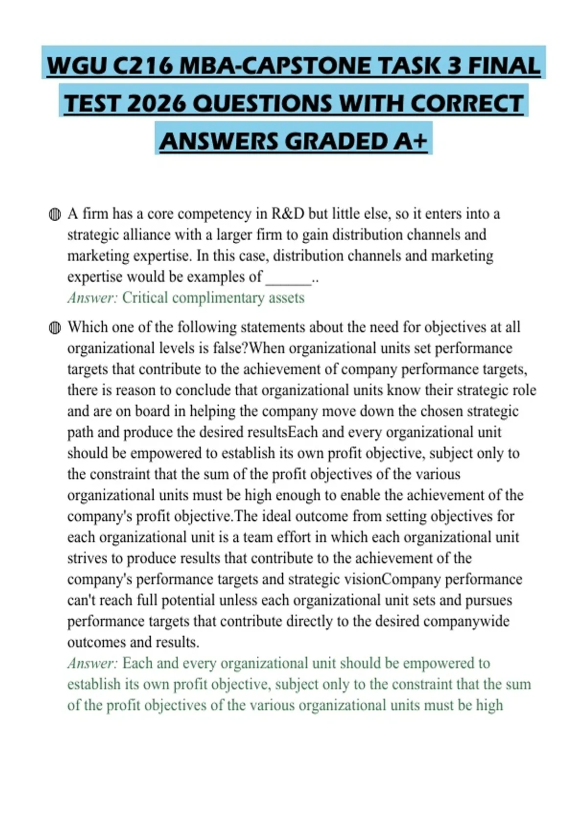 WGU C216 MBA-CAPSTONE TASK 3 FINAL TEST 2026 QUESTIONS WITH CORRECT ...