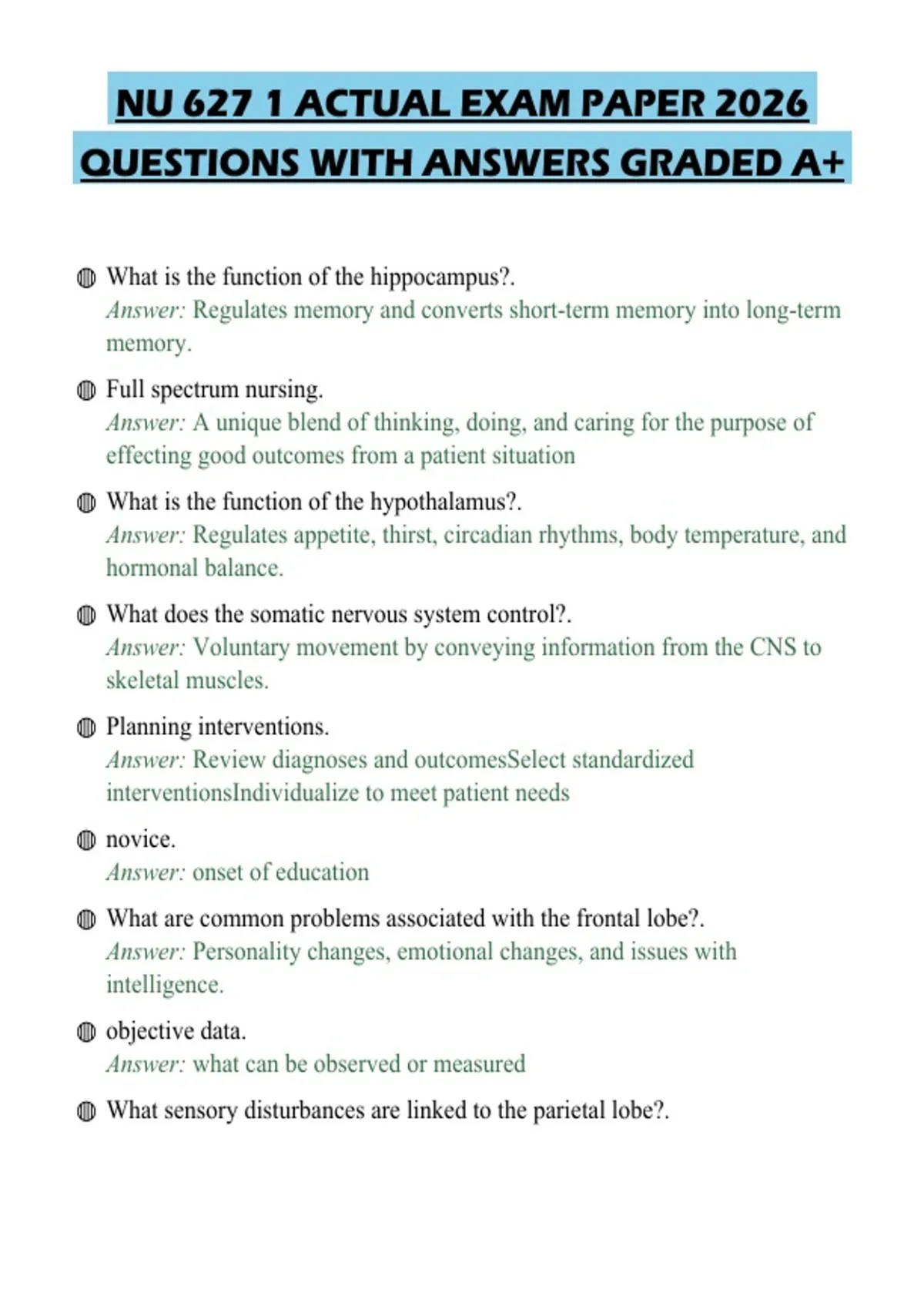 NU 627 1 ACTUAL EXAM PAPER 2026 QUESTIONS WITH ANSWERS GRADED A+ - NU ...