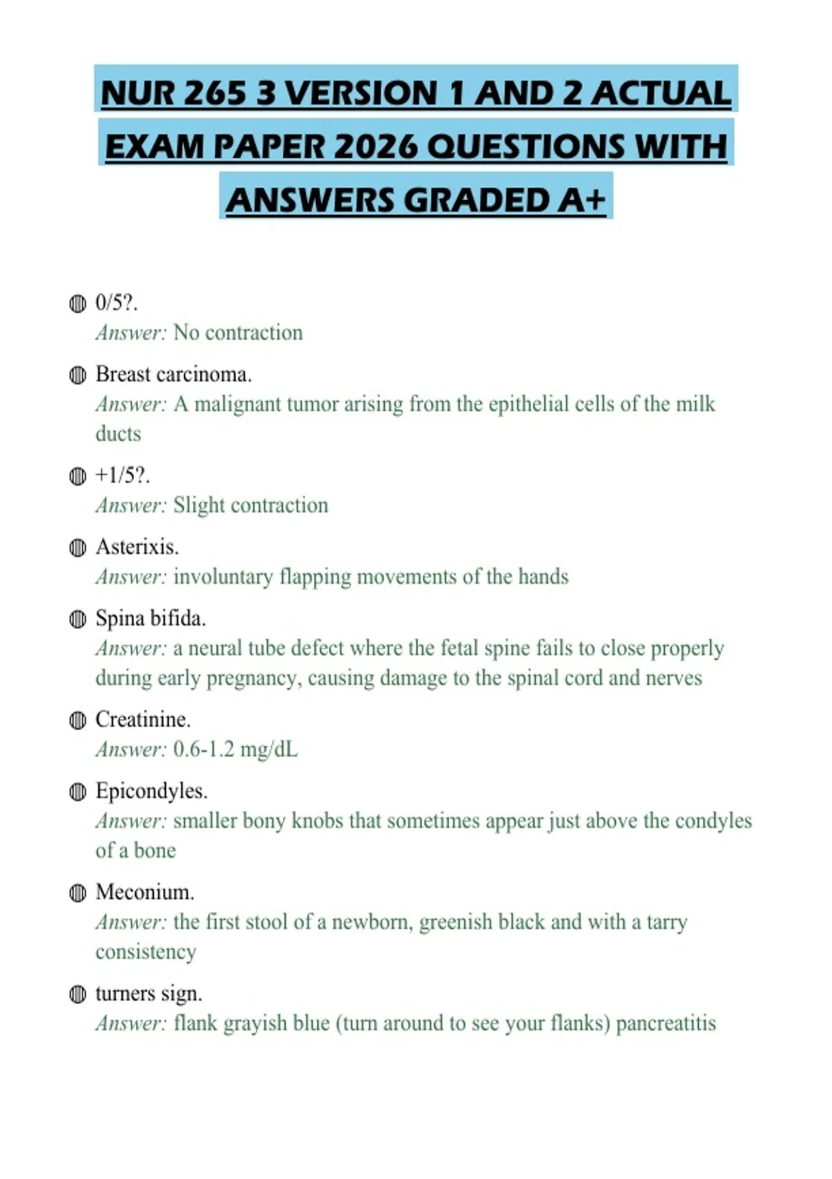 NUR 265 3 VERSION 1 AND 2 ACTUAL EXAM PAPER 2026 QUESTIONS WITH ANSWERS ...