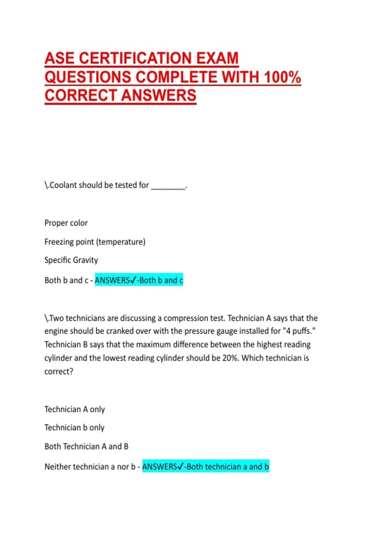Ase A6 Test Question ASE CERTIFICATION EXAM QUESTIONS COMPLETE WITH 100% CORRECT ANSWERS ...