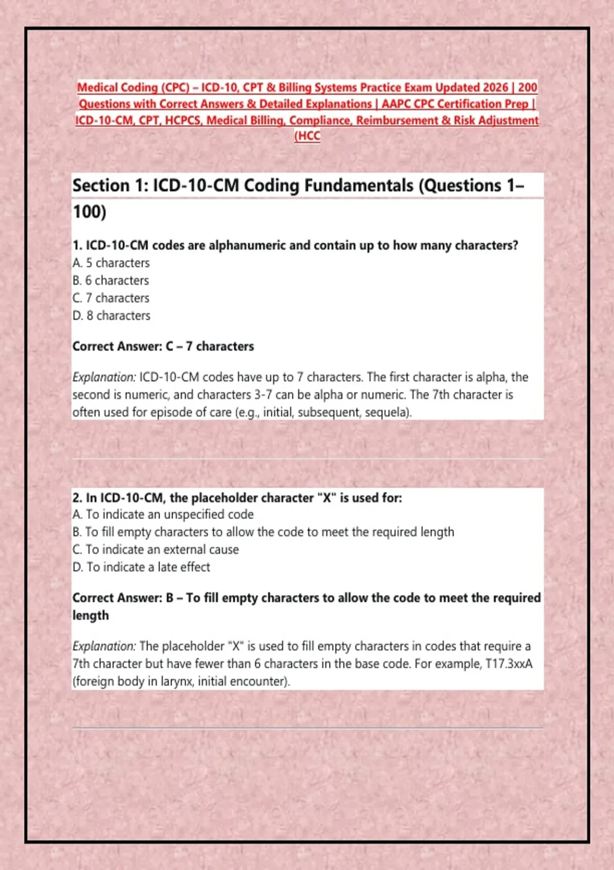 Medical Coding (CPC) – ICD-10, CPT & Billing Systems Practice Exam ...