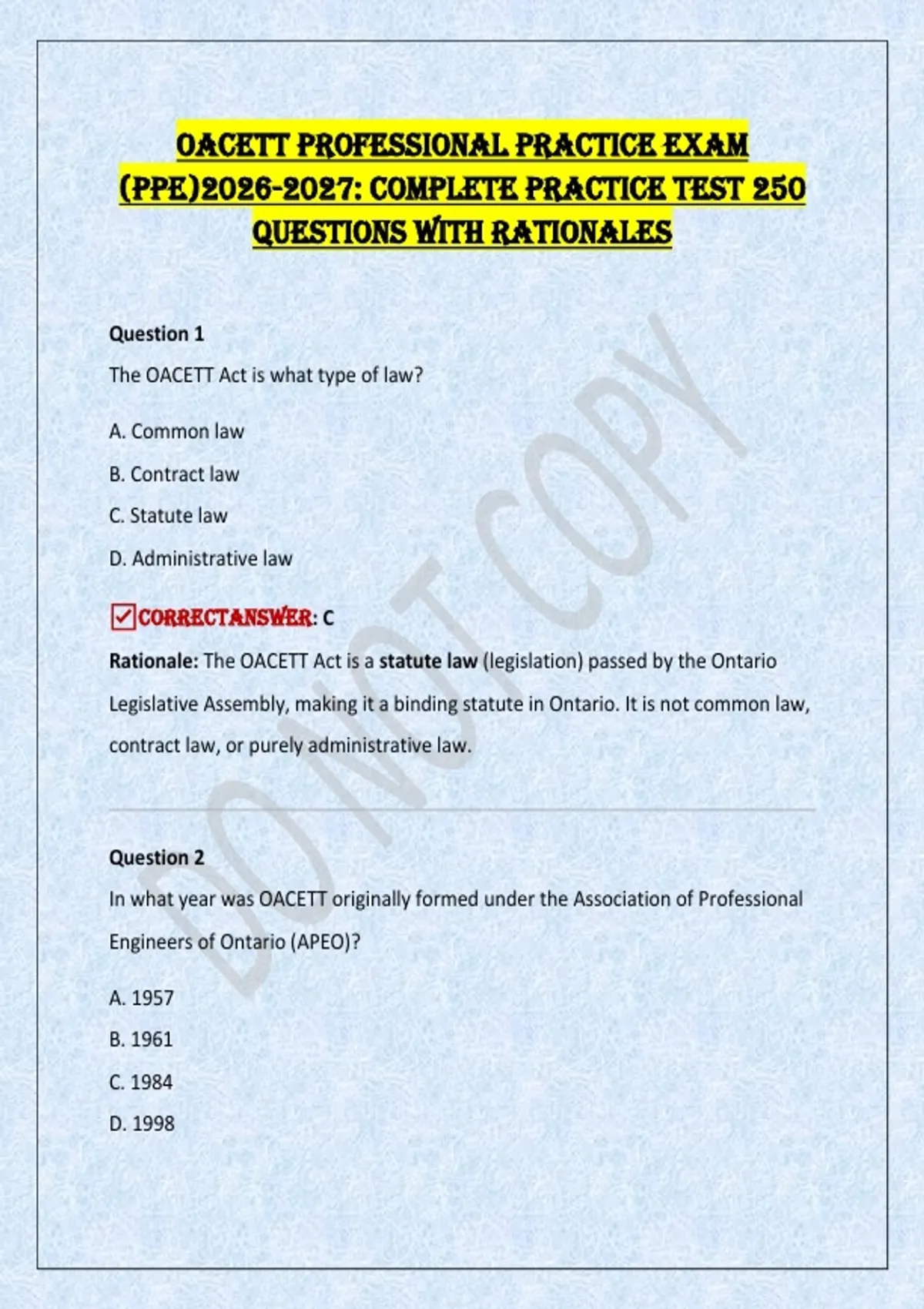 OACETT Professional Practice Exam (PPE): Complete Practice Test 250 ...