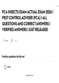PCA INSECTS EXAM ACTUAL EXAM 2026 &vert; PEST CONTROL ADVISER &lpar;PCA&rpar; &vert; ALL QUESTIONS AND CORRECT ANSWERS &vert; VERIFIED ANSWERS &vert; JUST RELEASED