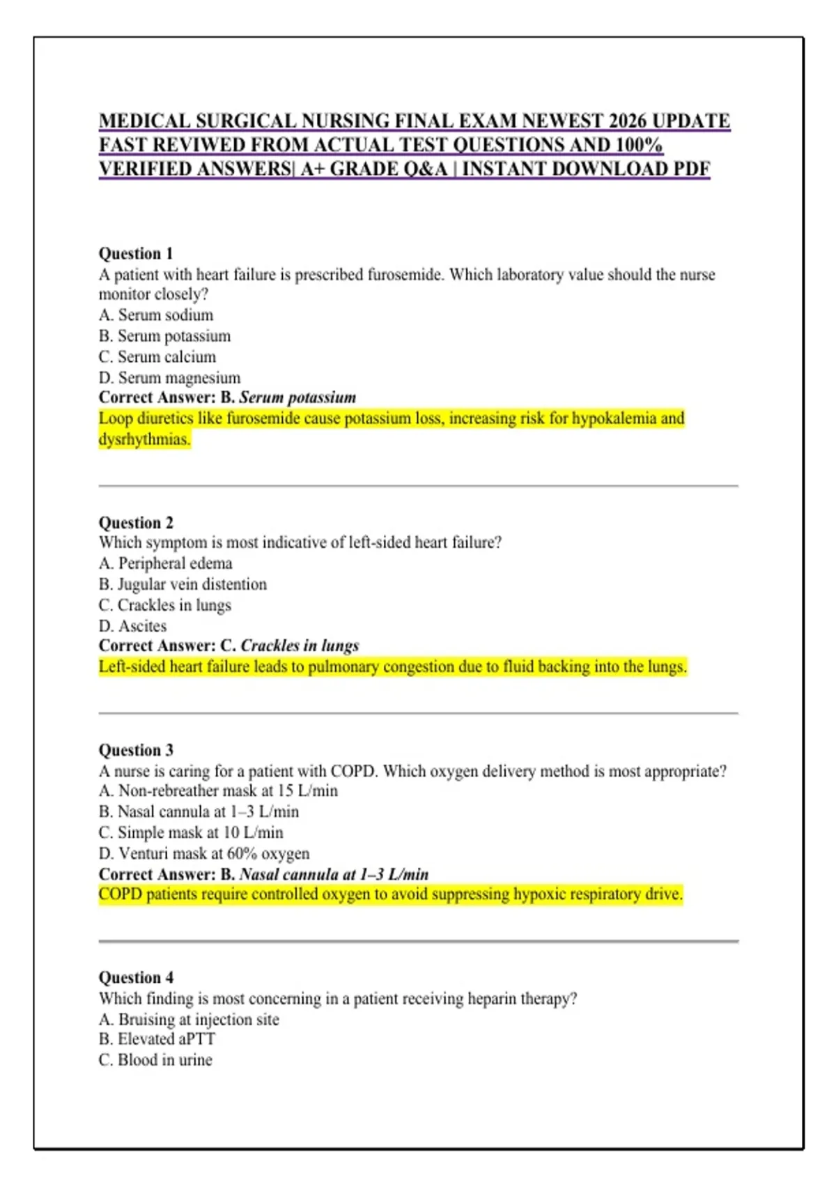MEDICAL SURGICAL NURSING FINAL EXAM NEWEST 2026 UPDATE FAST REVIWED ...