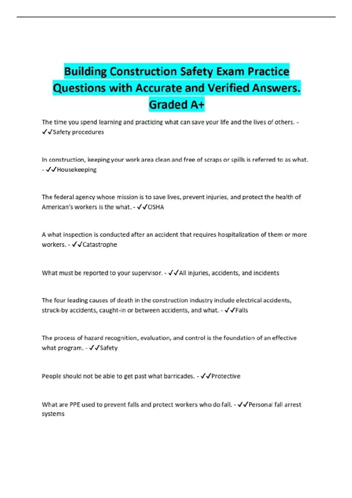 Building Construction Safety Exam Practice Questions with Accurate and ...